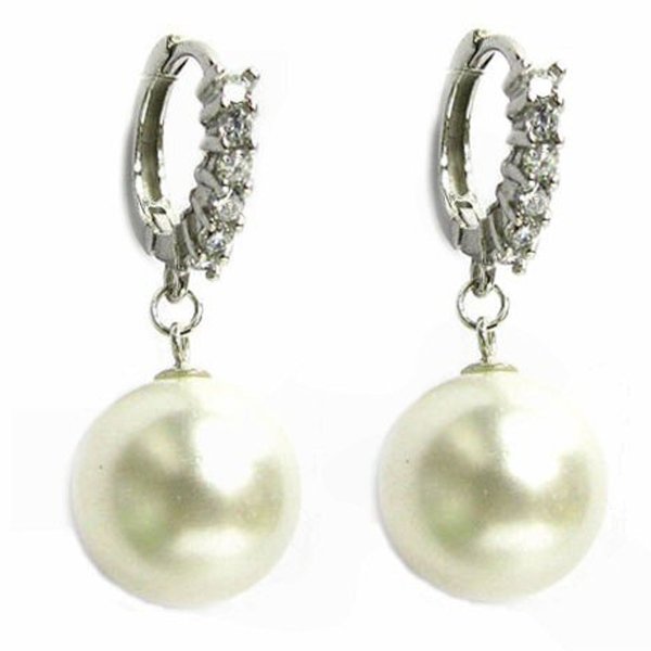 12mm Genuine Swarovski Round White Crystal Pearl Sterling Silver CZ Hoop Dangle Earrings