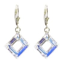 Square Clear AB Genuine Swarovski Crystals Sterling Silver Leverback 1.5″ Dangle Earrings