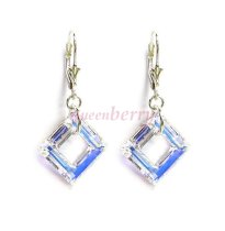 Square Clear AB Genuine Swarovski Crystals Sterling Silver Leverback 1.5" Dangle Earrings