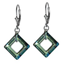 Square Bermuda Blue Genuine Swarovski Crystals Sterling Silver Leverback 1.5″ Dangle Earrings