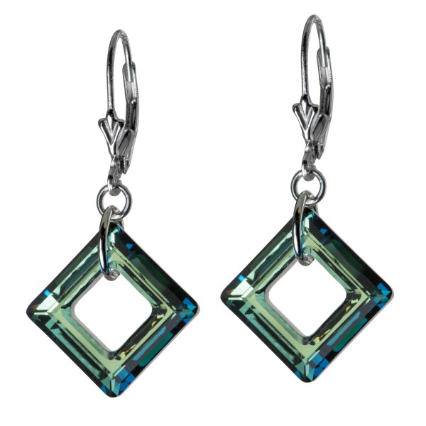 Square Bermuda Blue Genuine Swarovski Crystals Sterling Silver Leverback 1.5" Dangle Earrings