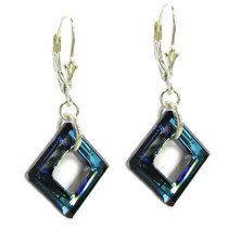 Square Bermuda Blue Genuine Swarovski Crystals Sterling Silver Leverback 1.5" Dangle Earrings