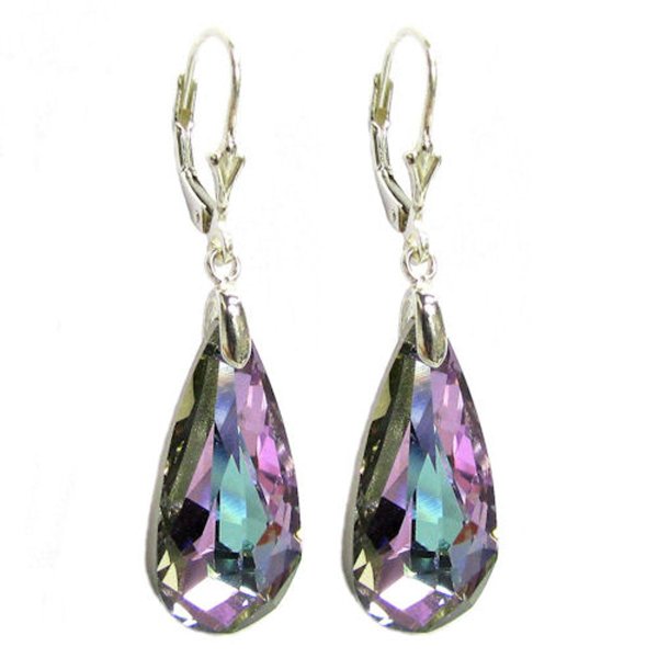 Vitrail Light Purple Genuine Swarovski Crystals Sterling Silver Leverback Dangle Earrings