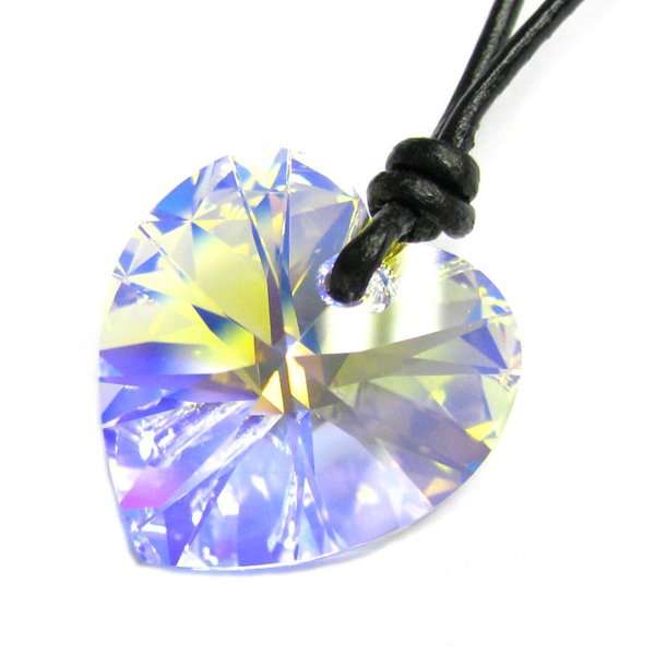 Swarovski Elements Crystal Aurora Borealis Love Heart Pendant Adjustable Waxed Cotton Choker Necklace