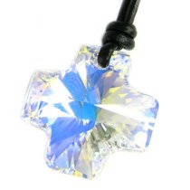 Swarovski Crystal Clear AB Cross Pendant 20mm Black leather 1mm Necklace 14″ 16″ 18″ 20″ 22″ 24″ Adjustable