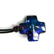 Swarovski Crystal HELIOTROPE Blue Cross Pendant 20mm Black leather 1mm Choker Necklace 14" 16" 18" 20" 22" 24" Adjustable