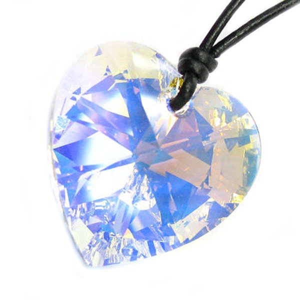 Swarovski Crystal Clear AB Heart Charm pendant 28mm Black Leather 1mm Choker Necklace 14" 16" 18" 20" 22" 24" Adjustable