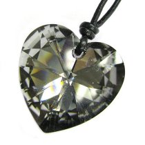 Swarovski Crystal Silver Night Heart Charm pendant 28mm Sterling Silver Black leather 1mm Necklace 14″ 16″ 18″ 20″ 22″ 24″ Adjustable