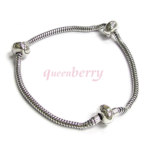 Sterling Silver 3mm SNAKE BRACELET Bead Clip Clasp for Pandora Troll European Charm w/ 2pcs clip stopper 8.5"