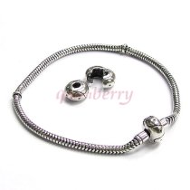 Sterling Silver 3mm SNAKE BRACELET Bead Clip Clasp for Pandora Troll European Charm w/ 2pcs clip stopper 8.5"