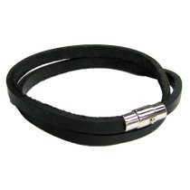 316L Stainless Steel 2 Rounds Black Flat Leather Cord 5mm Magnetic Wristband Bracelets 8″