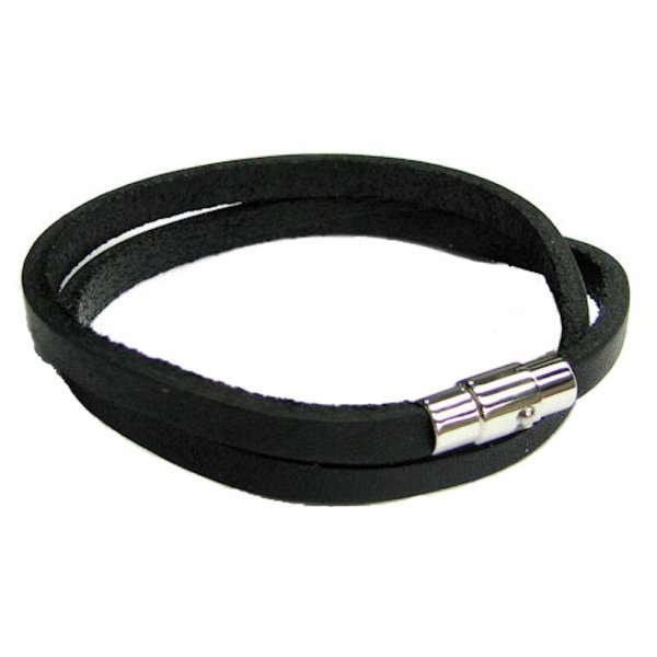 316L Stainless Steel 2 Rounds Black Flat Leather Cord 5mm Magnetic Wristband Bracelets 8"