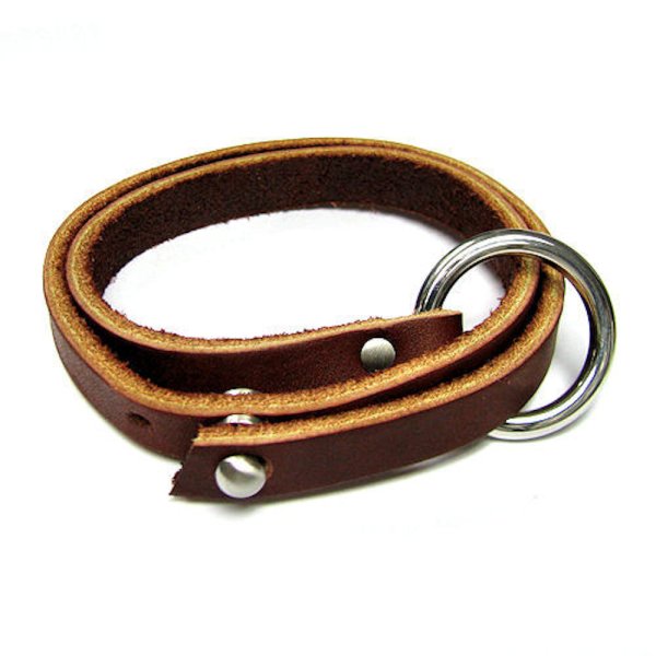 316L Stainless Steel 2 Rounds Brown Flat Leather Cord 10mm Nail Clasp Bracelet 8.5"