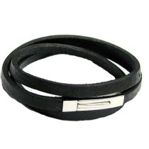 316L Stainless Steel 3 Rounds Black Mid-East Flat Leather Cord 5mm Rectangular Clasp Wristband Bracelets 8″