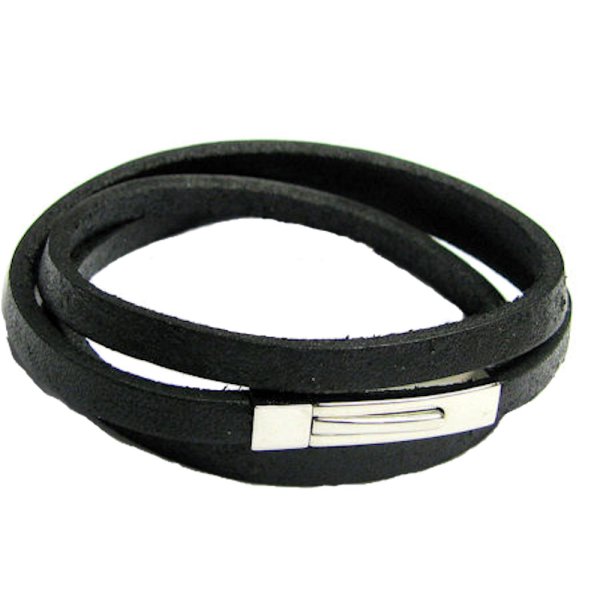 316L Stainless Steel 3 Rounds Black Mid-East Flat Leather Cord 5mm Rectangular Clasp Wristband Bracelets 8"