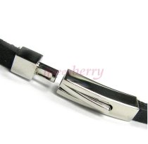 316L Stainless Steel 3 Rounds Black Mid-East Flat Leather Cord 5mm Rectangular Clasp Wristband Bracelets 8"