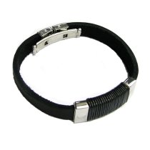 Stainless Steel (316L) Black Flat Leather Cord 9.5mm Wristband Bracelet 8″