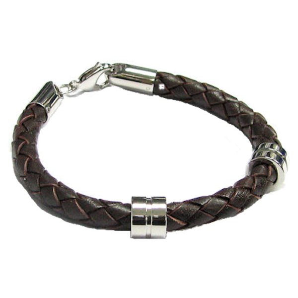 Stainless Steel (316L) Dark Brown Beads Steel Bolo Braided Leather Cord 6.5mm Lobster Clasp Bracelets 8"