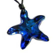 Swarovski Crystal Bermuda Blue Star Fish 28mm Black leather 1mm Choker Necklace 14″ 16″ 18″ 20″ 22″ 24″ Adjustable