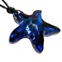 Swarovski Crystal Bermuda Blue Star Fish 28mm Black leather 1mm Choker Necklace 14" 16" 18" 20" 22" 24" Adjustable