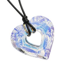 Swarovski Crystal Clear w/ ab coating Miss U Heart Charm pendant 26mm Black leather 1mm Choker Necklace 14″ 16″ 18″ 20″ 22″ 24″ Adjustable