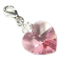 STERLING SILVER Swarovski Crystal Pink Rose Heart Love for European Lobster Clip on Charm