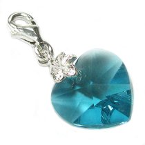 STERLING SILVER Swarovski Crystal Blue Zircon Heart Love Bead European Clip on Lobster Charm