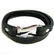 Stainless Steel (316L) 2 Rounds Black Flat Leather Cord 7.5mm Bracelet 7.5″ with Hook Clasp