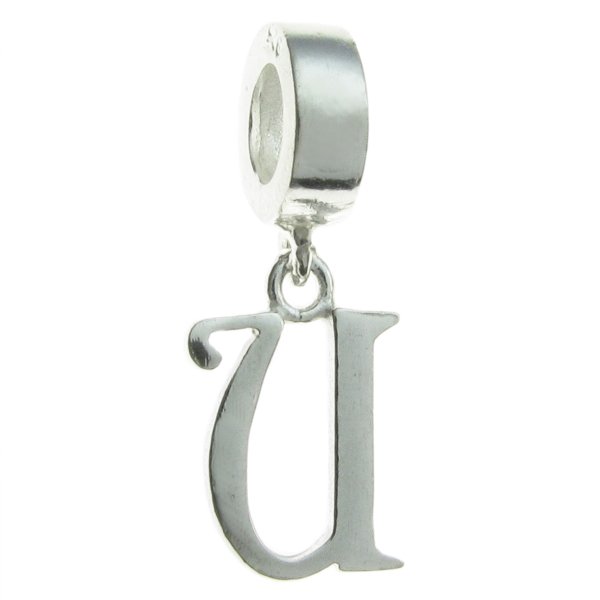 Sterling Silver Letter Initial U Dangle Bead for Pandora Troll European Charm Bracelets