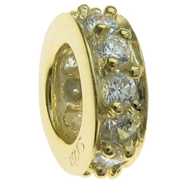 Gold 925 Sterling Silver ROUND RING Bead clear CZ Crystals Bead for Pandora Troll European Charm Bracelets Birthstone April