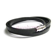 Stainless Steel 3 Rounds Light Black Flat Leather Cord 5mm Magnetic Wristband Bracelets 8″