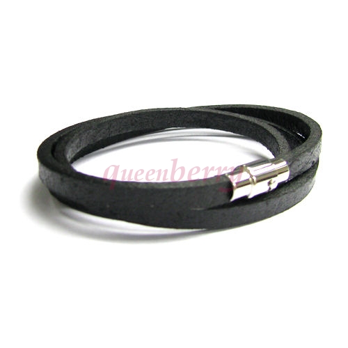 Stainless Steel 3 Rounds Light Black Flat Leather Cord 5mm Magnetic Wristband Bracelets 8"