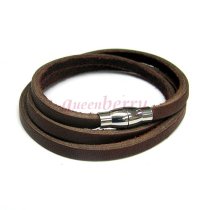 Stainless Steel 3 Rounds Dark Brown Flat Leather Cord 5mm Magnetic Wristband Bracelets 8″