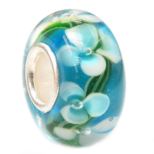 Sterling Silver Turquoise Murano FLOWER Glass Bead for Pandora Troll Charm Bracelets 12.5mm