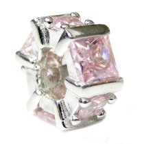 Birthstone October Sterling Silver Hexagon Pink CZ Crystal Bead for European Charm Bracelets