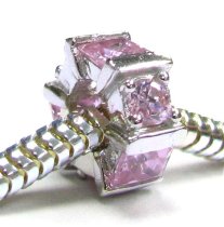 Birthstone October Sterling Silver Hexagon Pink CZ Crystal Bead for European Charm Bracelets