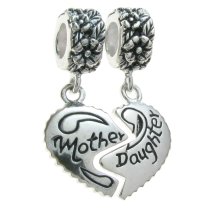 Sterling Silver Dangle Mother & Daughter LOVE HEART Pendant Bead for European Charm Bracelets