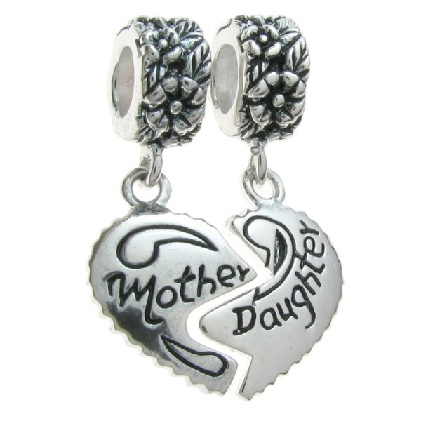 Sterling Silver Dangle Mother & Daughter LOVE HEART Pendant Bead for European Charm Bracelets