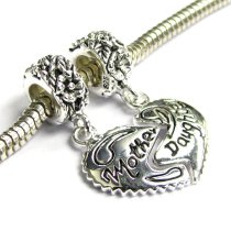 Sterling Silver Dangle Mother & Daughter LOVE HEART Pendant Bead for European Charm Bracelets