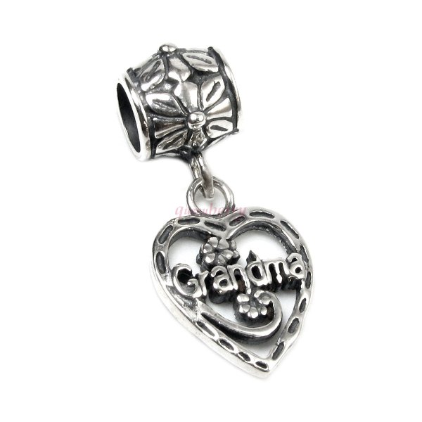 Sterling Silver Heart Love Grandma Dangle Bead for European Charm Bracelets