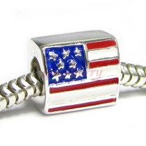 Sterling Silver USA American Flag Red White Blue Star Enamel Bead for European Charm Bracelets