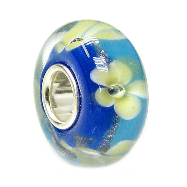 Sterling Silver Blue Gold Sand Yellow Flower Murano Flower Glass Bead for European Charm Bracelets