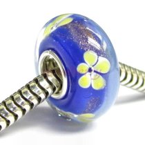 Sterling Silver Blue Gold Sand Yellow Flower Murano Flower Glass Bead for European Charm Bracelets
