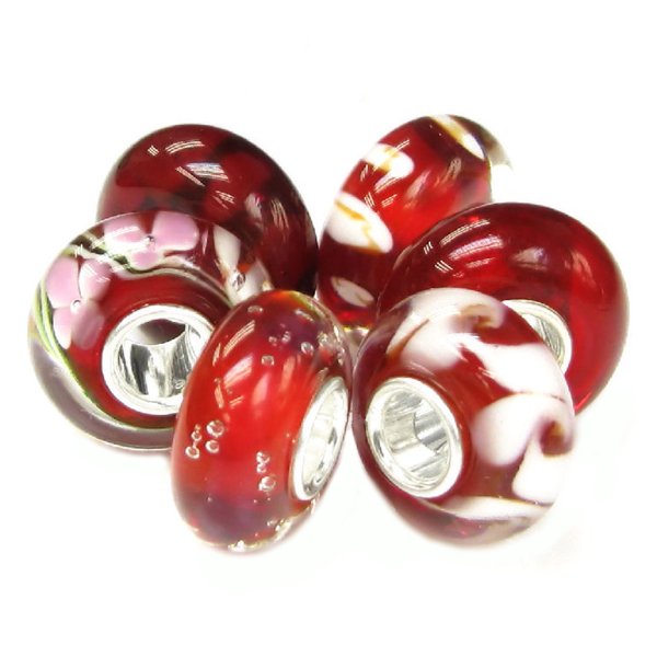Sterling Silver Crimson Red White Bundle Murano Glass Bead for European Charm Bracelets