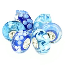6pcs Sterling Silver Assorted Blue and White Murano Bundle Glass Bead for European Charm Bracelets