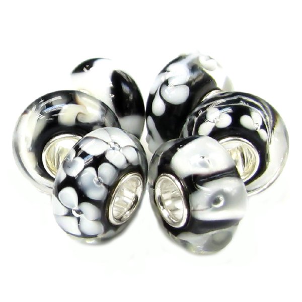 6pcsSterling Silver Assorted Black and White Murano Glass Bundle Bead for European Charm Bracelets
