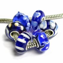 6pcs Sterling Silver Assorted Dark Blue White Flower Murano Glass Bundle Bead for European Charm Bracelets