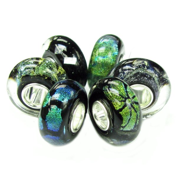 6pcs Sterling Silver Mystery Black Foiled Murano Bundle Glass Bead for European Charm Bracelets