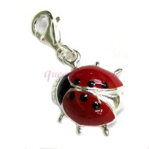 Sterling Silver LadyBug Red Black Enamel Dangle Pendant for European Lobster Chain Link Charm