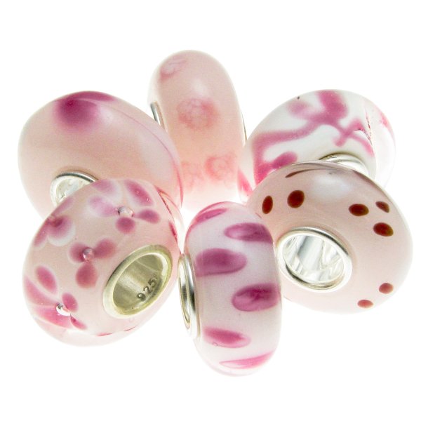 6pcs Sterling Silver Assorted Pink Rose White Heart Love Flower Murano Bundle Glass Bead for European Charm Bracelets